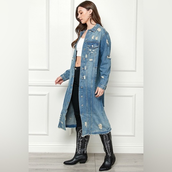 609. Distressed Denim Long Jacket in Light Wash - Picture 2 of 7